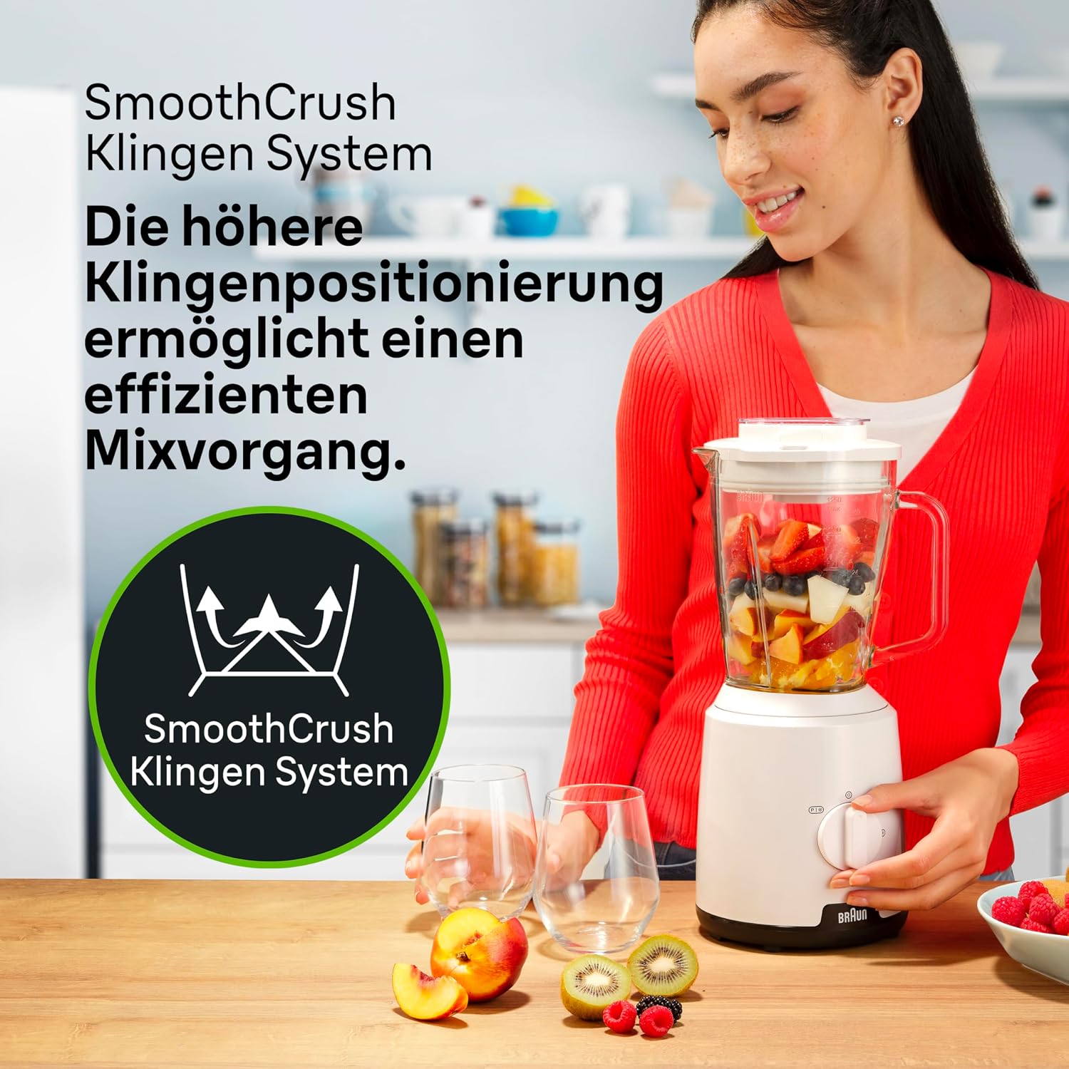 Detalle de Braun PowerBlend 1 JB1050WH – Standmixer mit 1,5 l Glasaufsatz und Ice-Crush