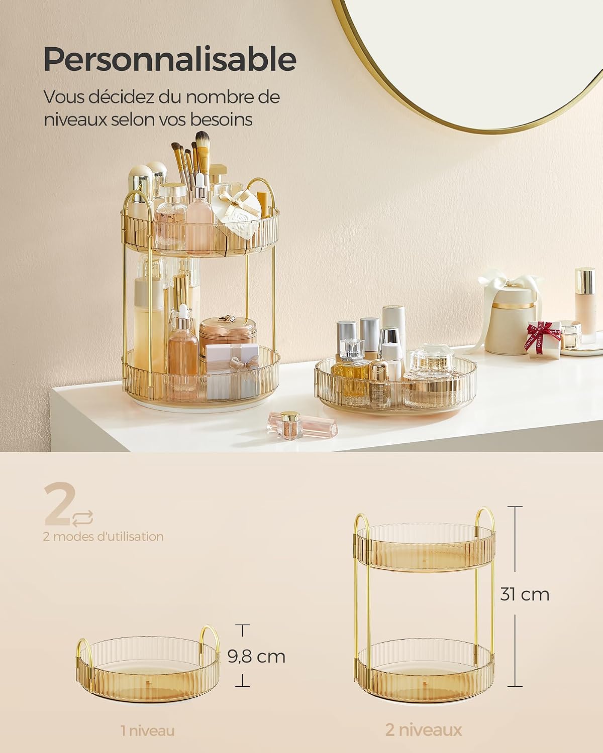 Detalle 2 de SONGMICS Organisateur Maquillage Rotatif JKA012A01 – Deux niveaux, separable, doré champagne