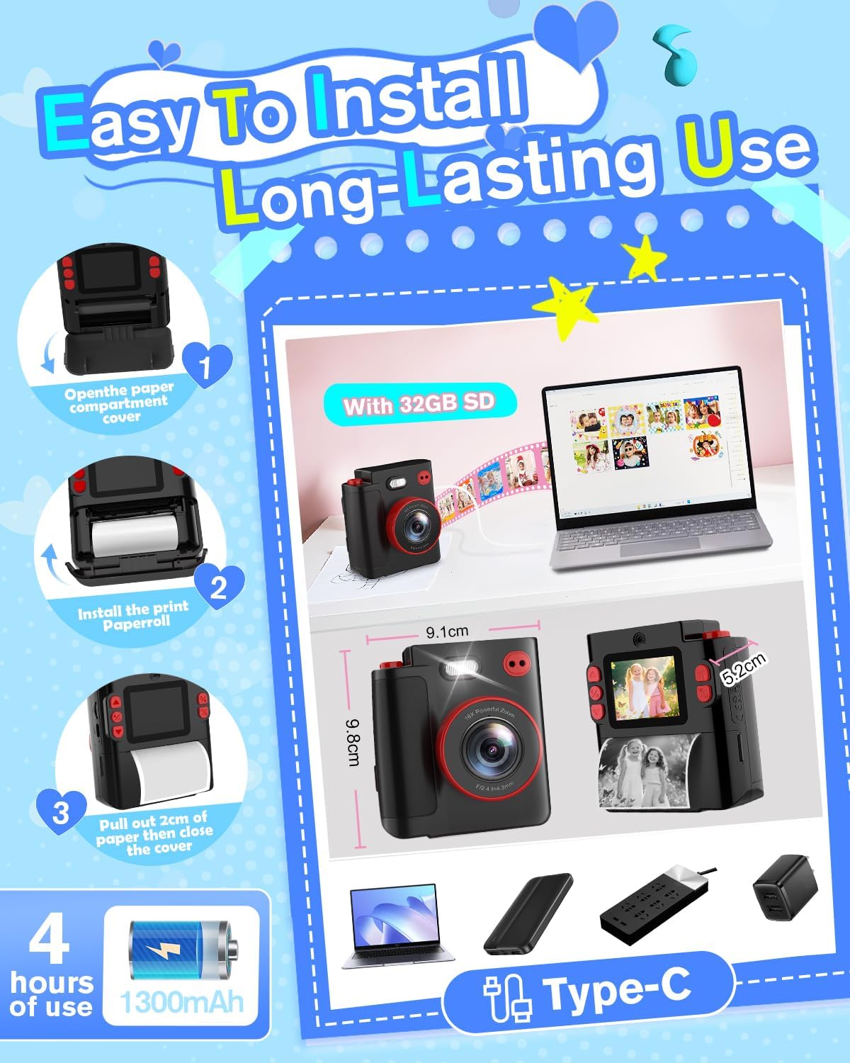Thumbnail 6 de MYSTILUCK appareil photo instantané pour enfants (1080P) avec impression thermique, carte 32 Go et papier photo