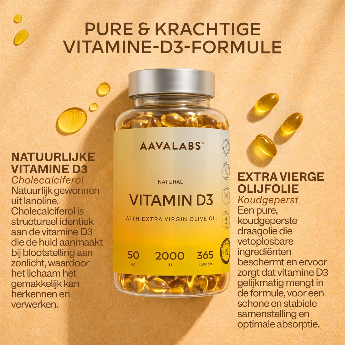 Detalle de AAVALABS Vitamine D3 2000 IE softgels met extra vierge olijfolie, 365 stuks