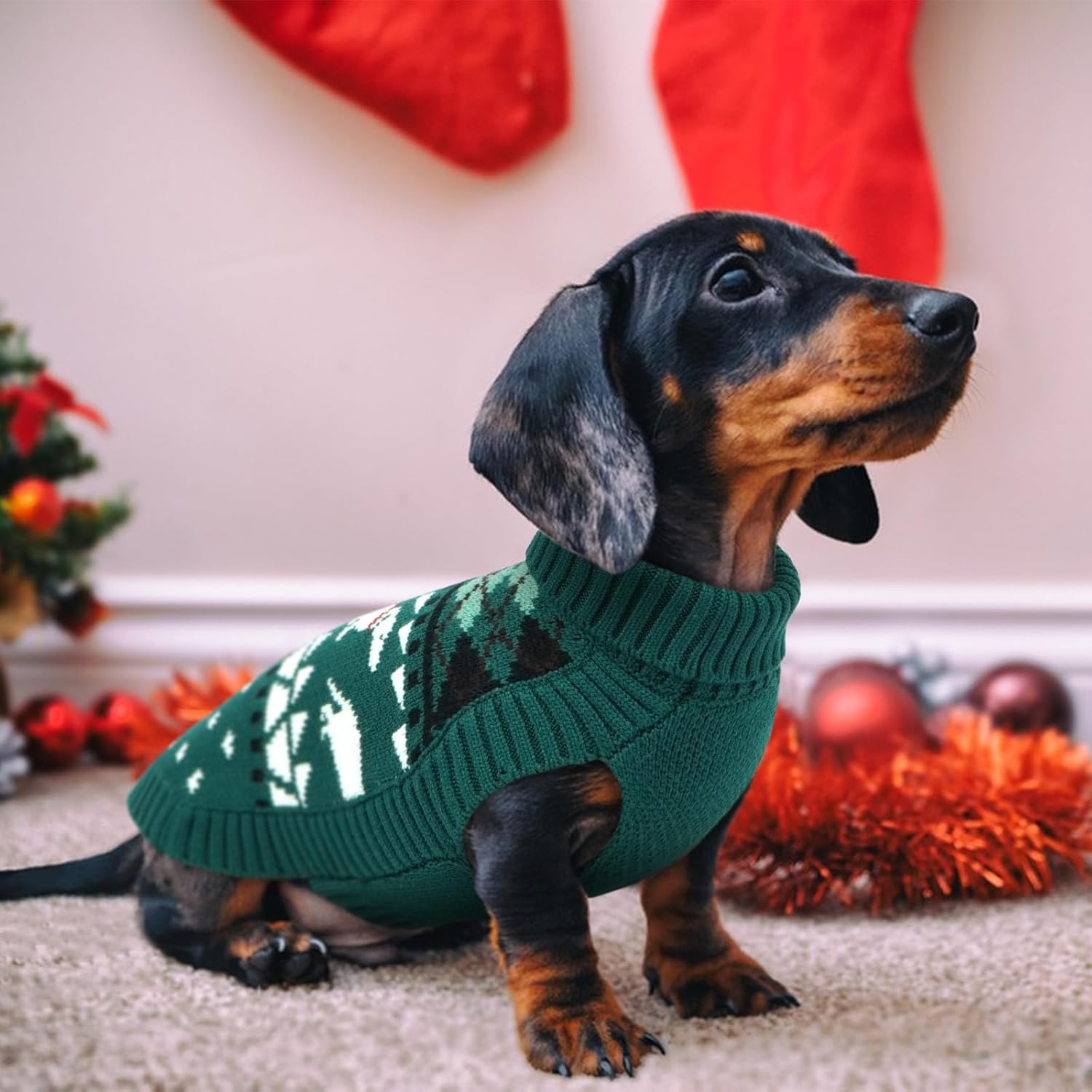Detalle de Lelepet Dog Jumper for Dachshund – Knitted Warm Turtleneck Sweater in Green S