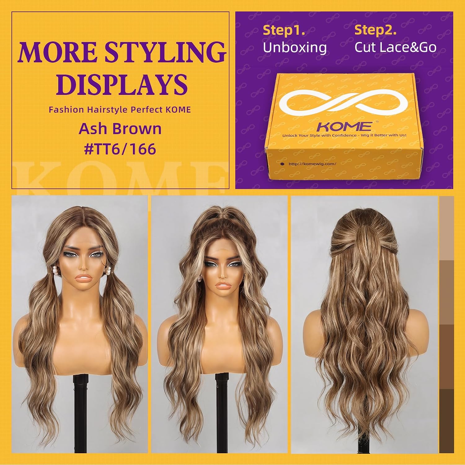 Detalle de KOME Ash Brown 28-Inch Synthetic Lace Front Wig with Body Waves and Bangs