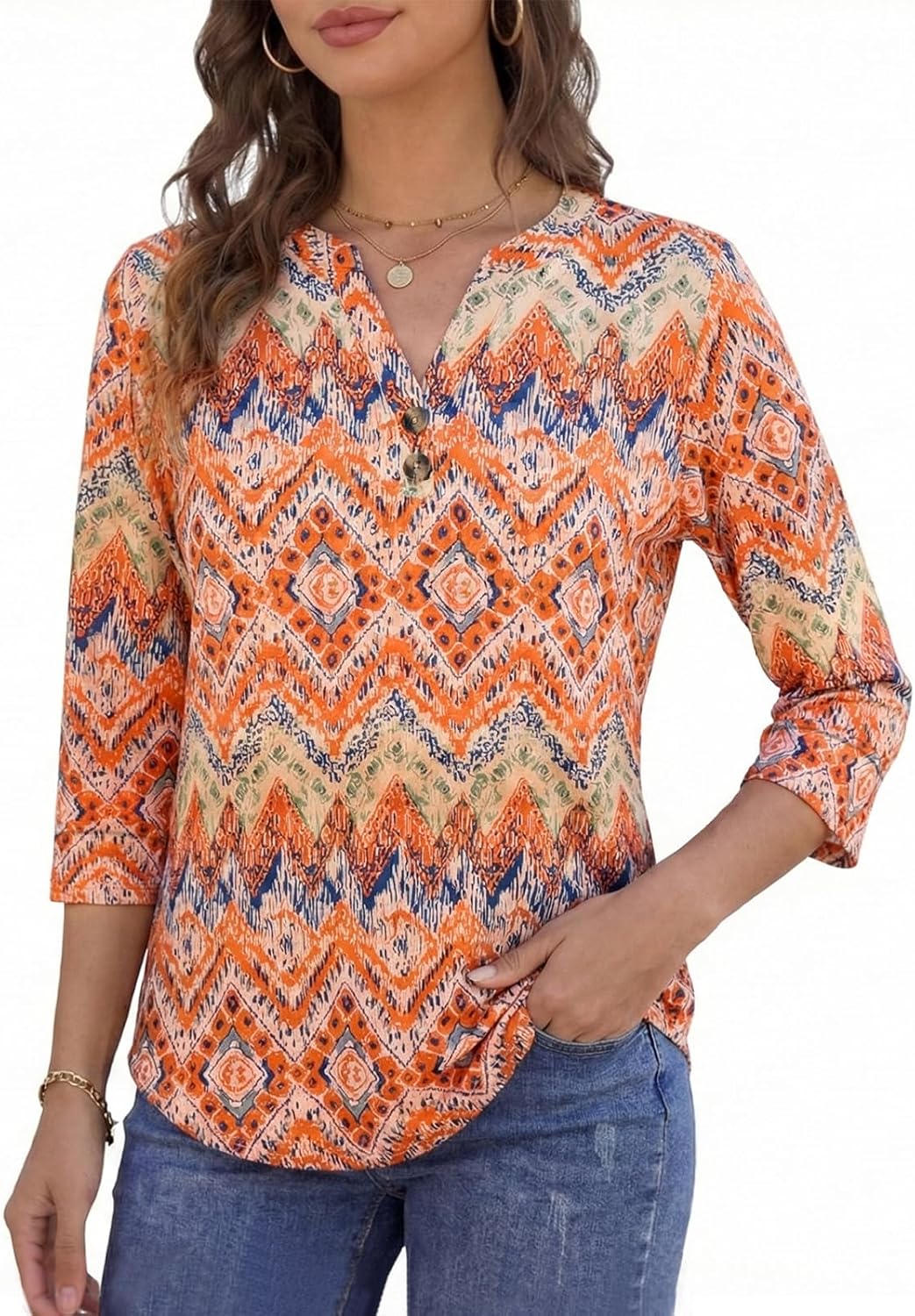 Thumbnail 1 de Cuptacc Damen Bluse mit V-Ausschnitt und 3/4-Ärmeln (Henley) im Boho-Look