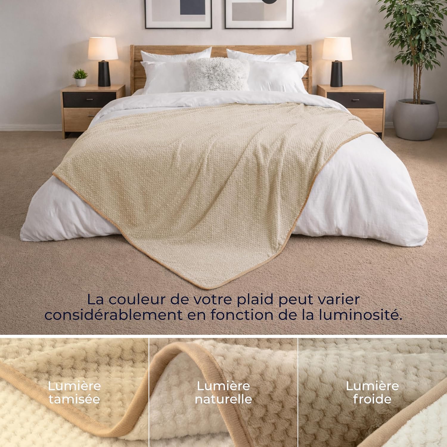 Thumbnail 3 de Dreamzie Couverture imperméable réversible en polaire pour lit et canapé 152x203 cm, beige