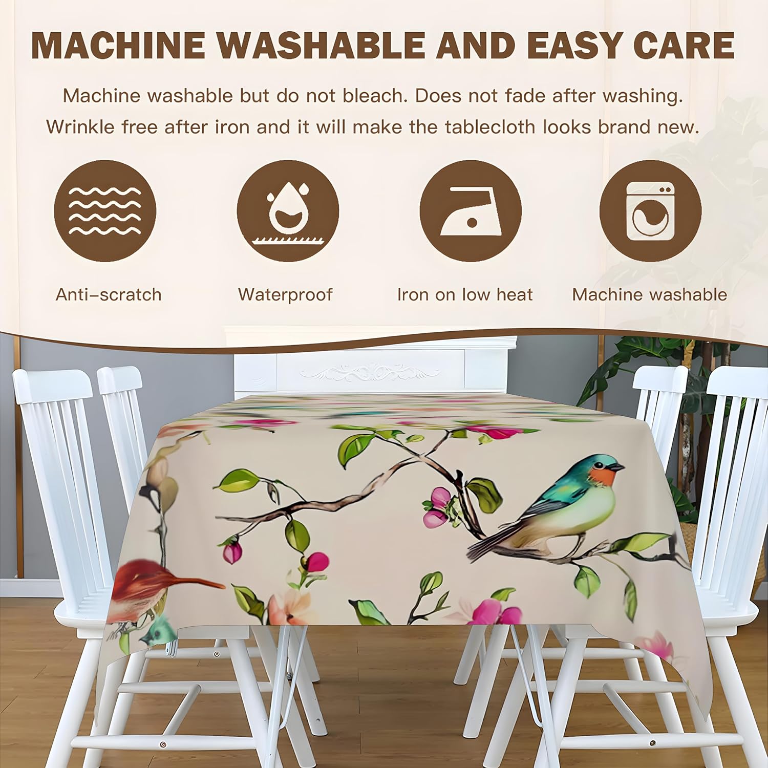 Detalle de artslion Rectangle 60x84in Tablecloth – Birds on Branches, Wipe-Clean Outdoor Cover