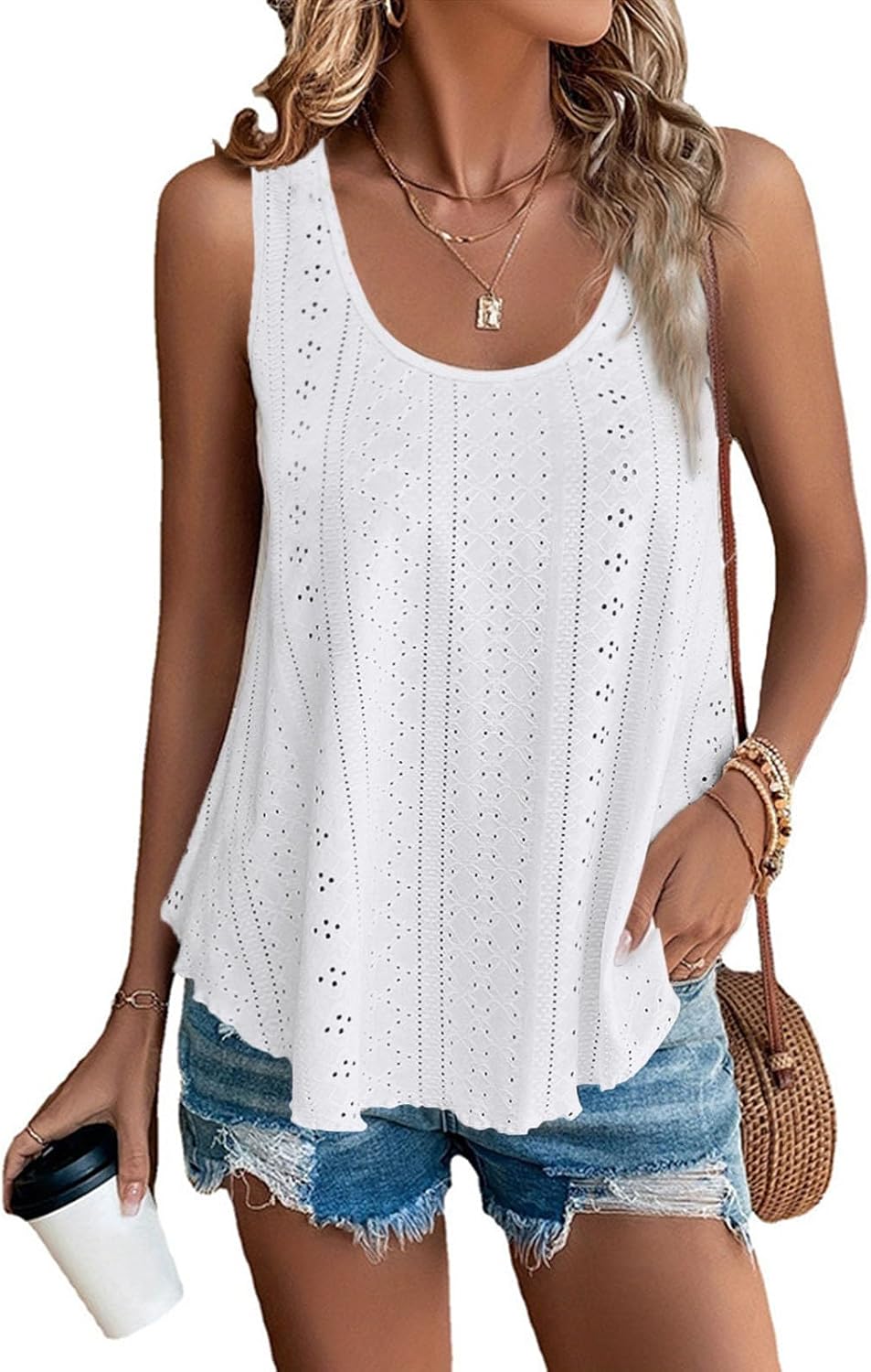 Detalle 2 de SEDEX Women's Loose Fit Tank Top: Sleeveless Vest with Eyelet Embroidery
