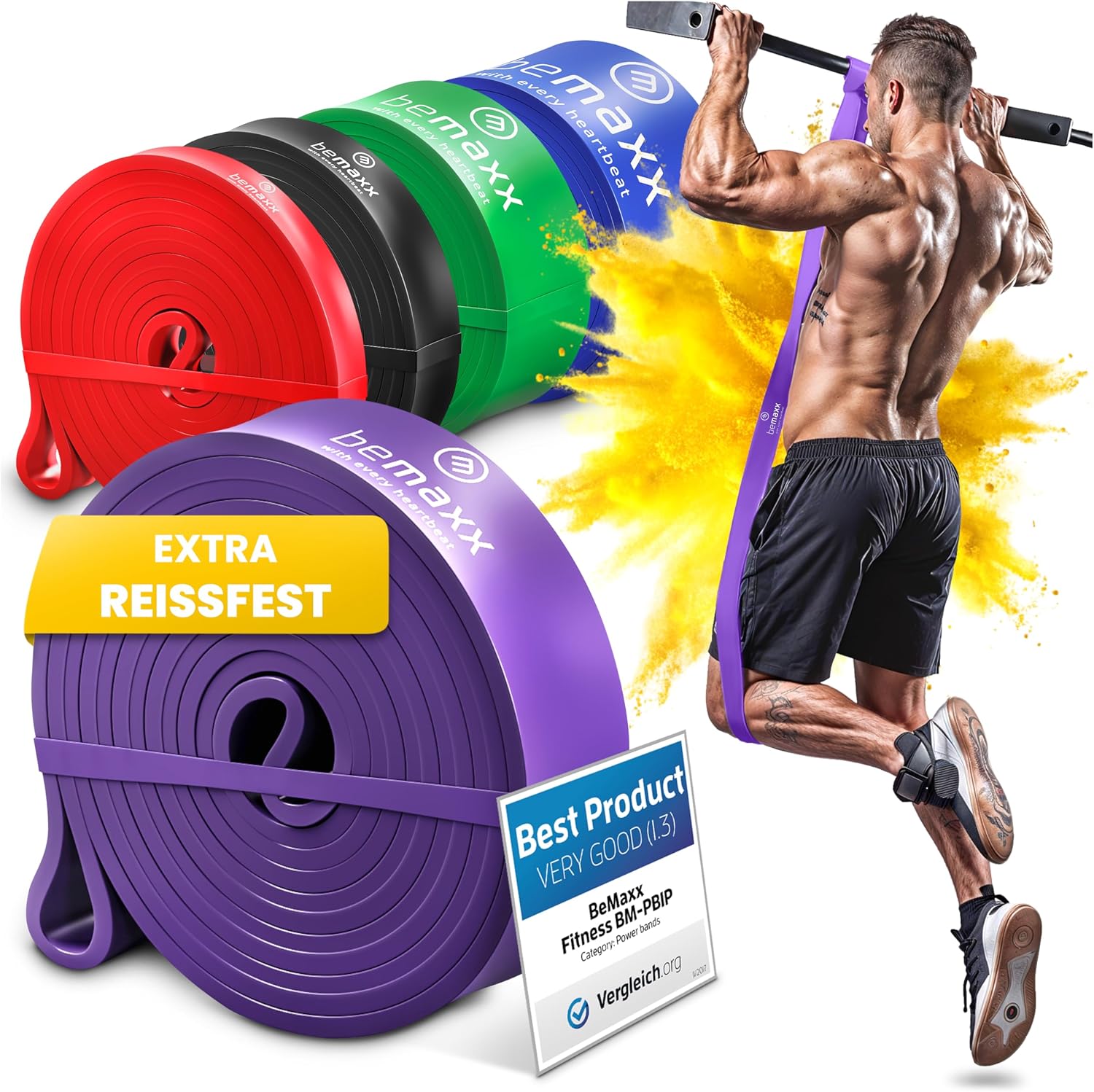 Detalle de Fitnessband Pull Up Resistance Band (Klimmzughilfe) mit Trainings-eBook – unterstütztes Training für Klimmzüge & Ganzkörper