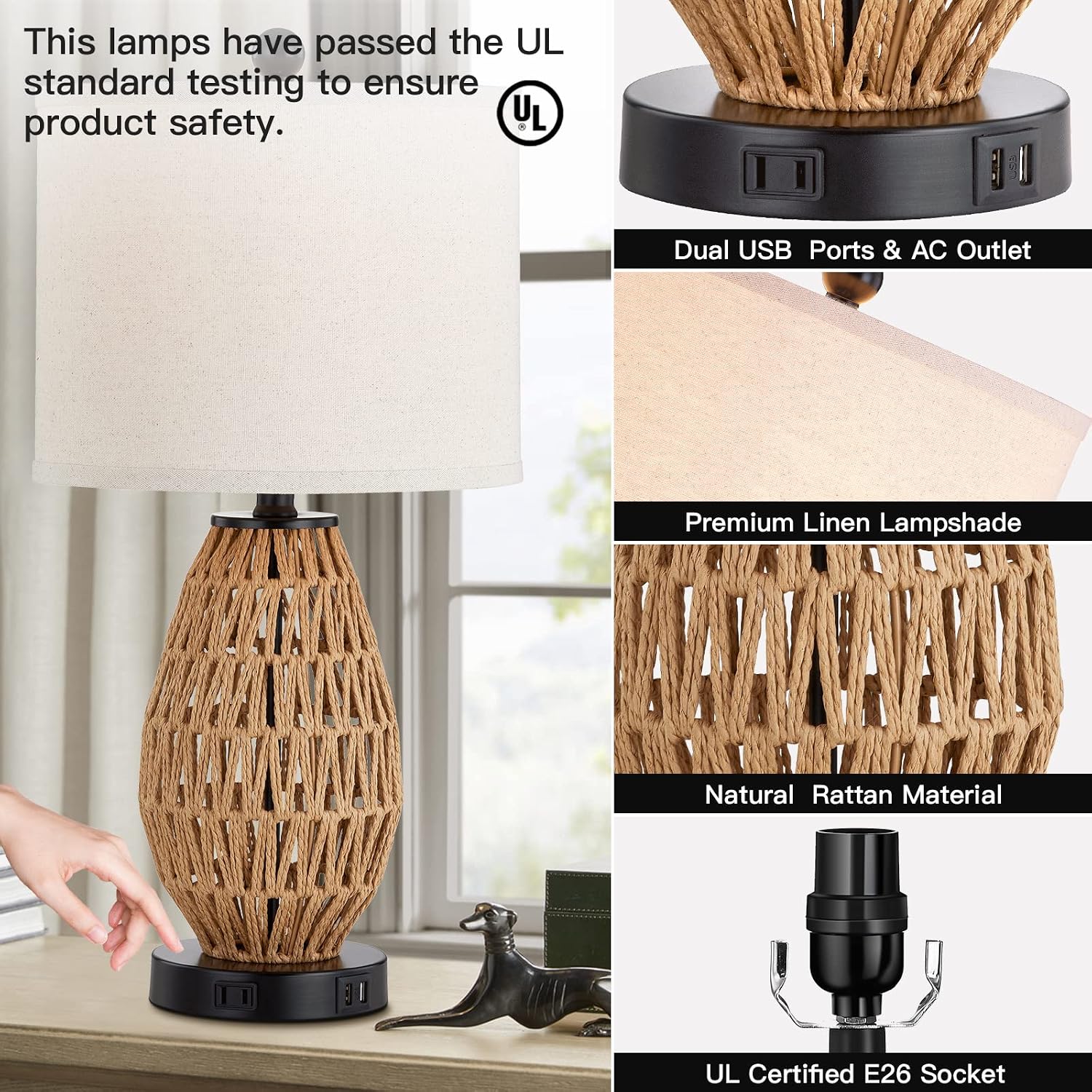 Detalle 2 de CINSARY KN-TL-2201 Rattan Table Lamps, 3-Way Touch Dimming, USB & AC Outlet