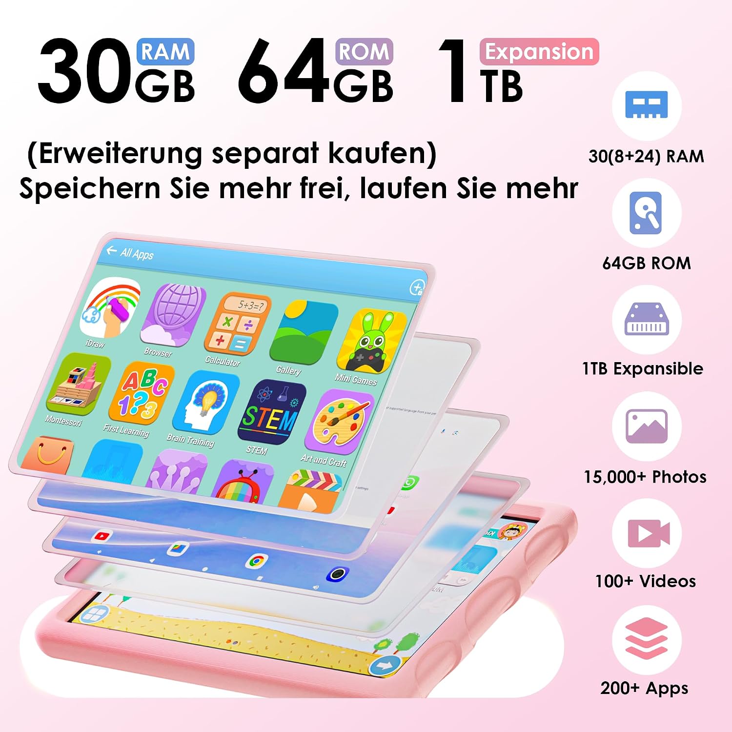 Detalle de ZENTALITY Kinder Tablet 10 Zoll mit Android 15, 30 GB RAM, 64 GB ROM + 2 TB Speicher, 8-Core, 8000 mAh, 5G-WLAN, Elterliche Kontrolle – Rosa