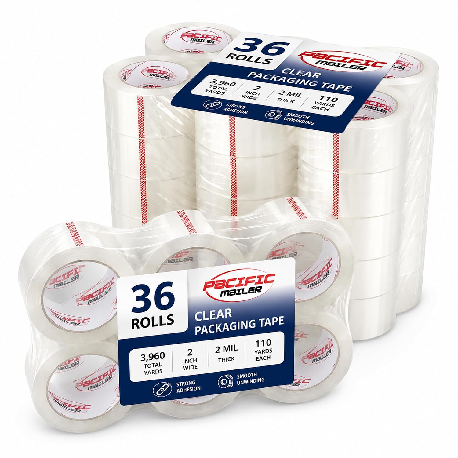 Pacific Mailer Clear Packing Tape, 2-Inch x 110-Yard, 2.0 Mil, 36 Rolls