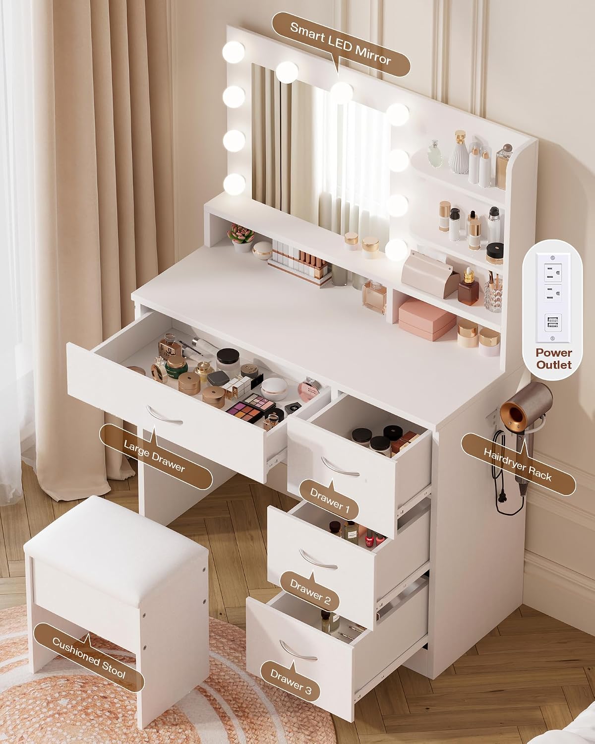 Detalle de LIVELYGLOW RXUS-NDZK-White Makeup Vanity Desk with 10 LED Bulbs and 4 Drawers