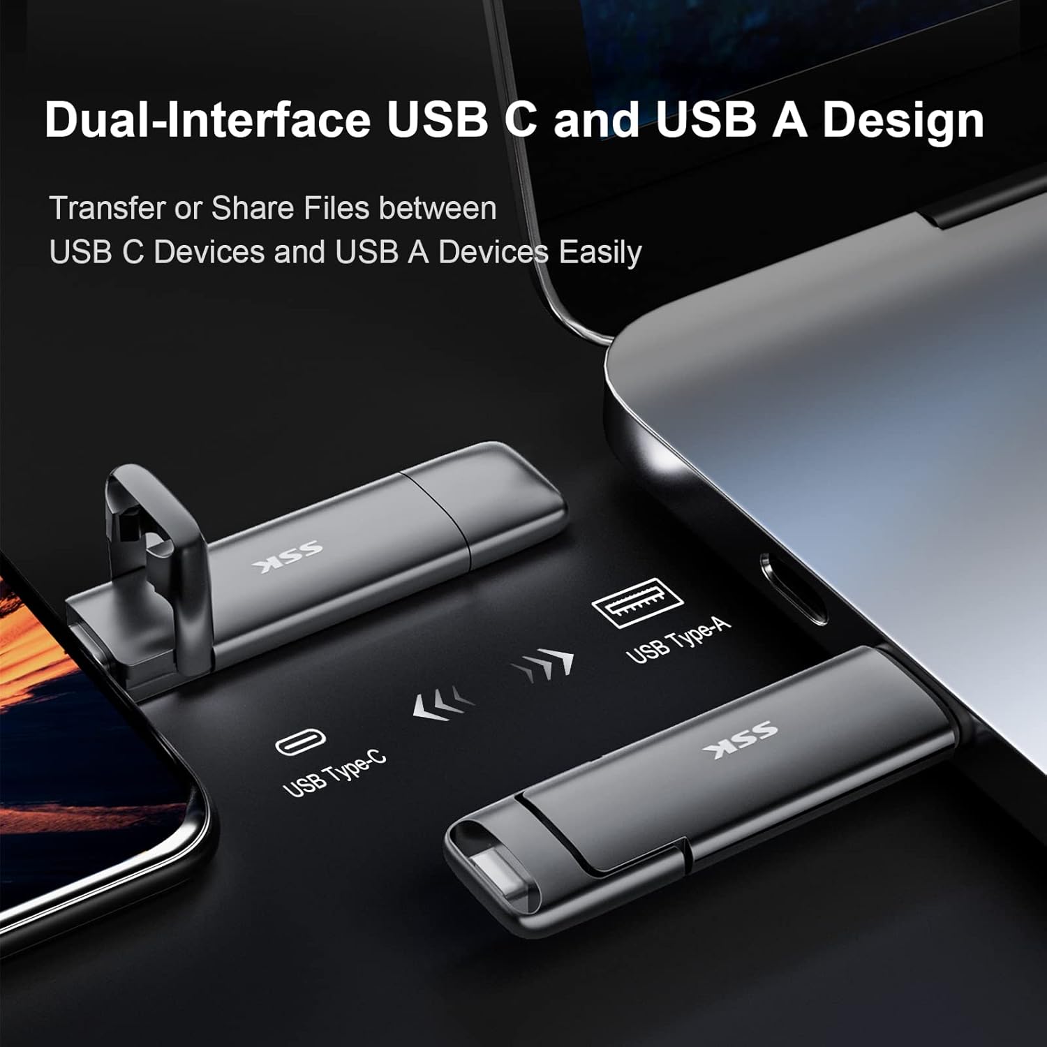 Detalle 2 de SSK External USB C SSD Flash Drive 512GB (Dual USB C + USB A) with 550 MB/s read, 500 MB/s write