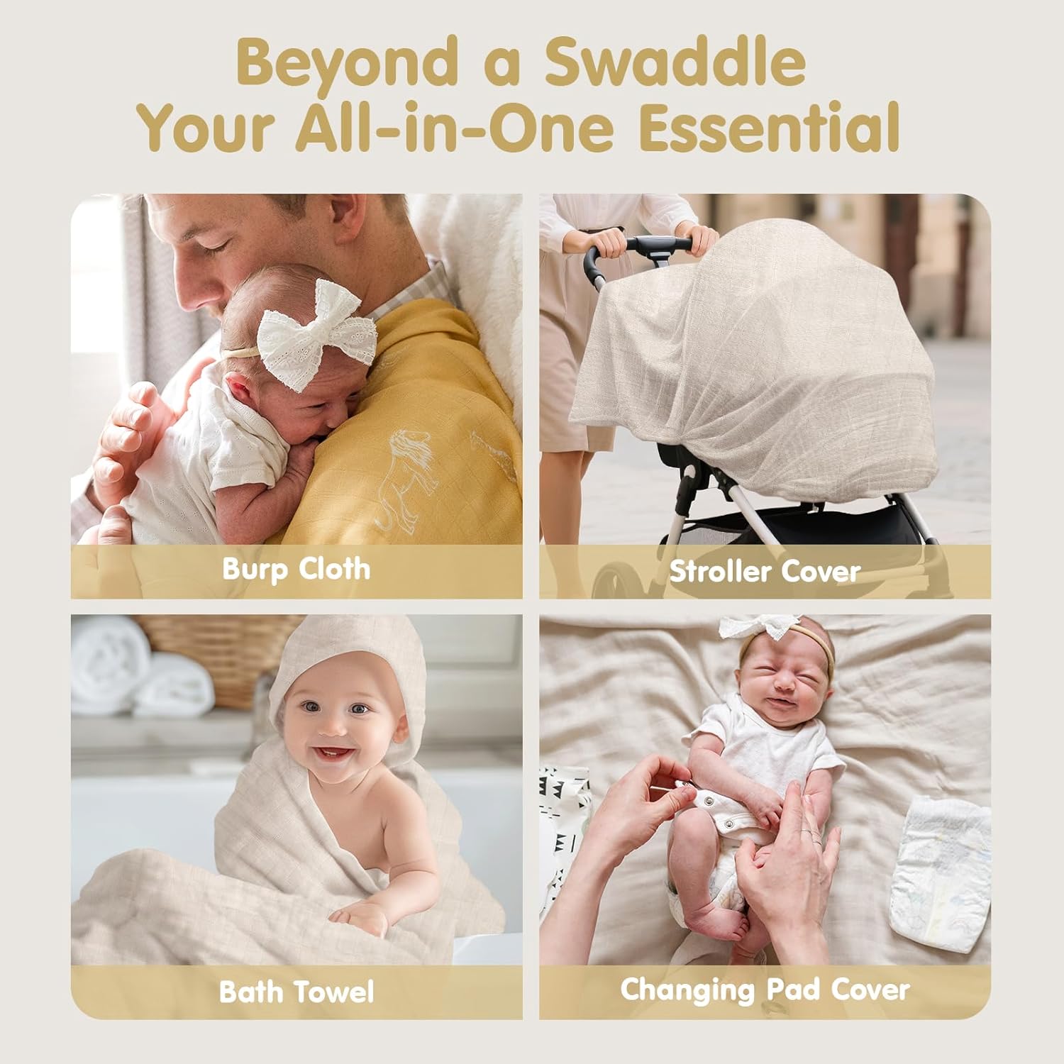 Thumbnail 6 de hahaland 100% Bamboo Muslin Swaddle Blankets 3 Pack (1 Large 120x120cm + 2 Standard 100x100cm) – Ultra Soft, Breathable Baby Cloths (Gold)