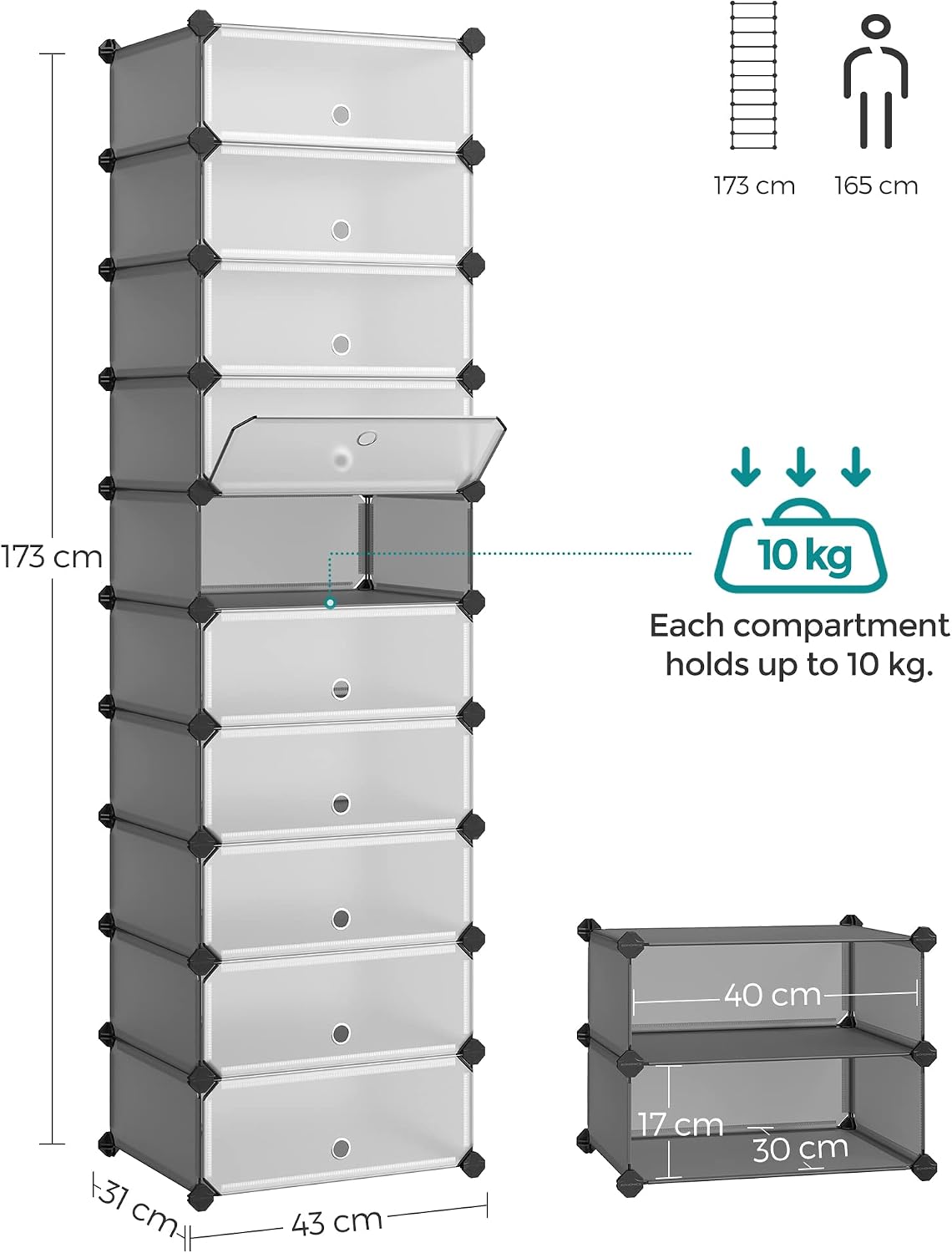 Detalle de SONGMICS DAMION LPC010G01 skohylla i plast med 10 hyllplan och dörrar