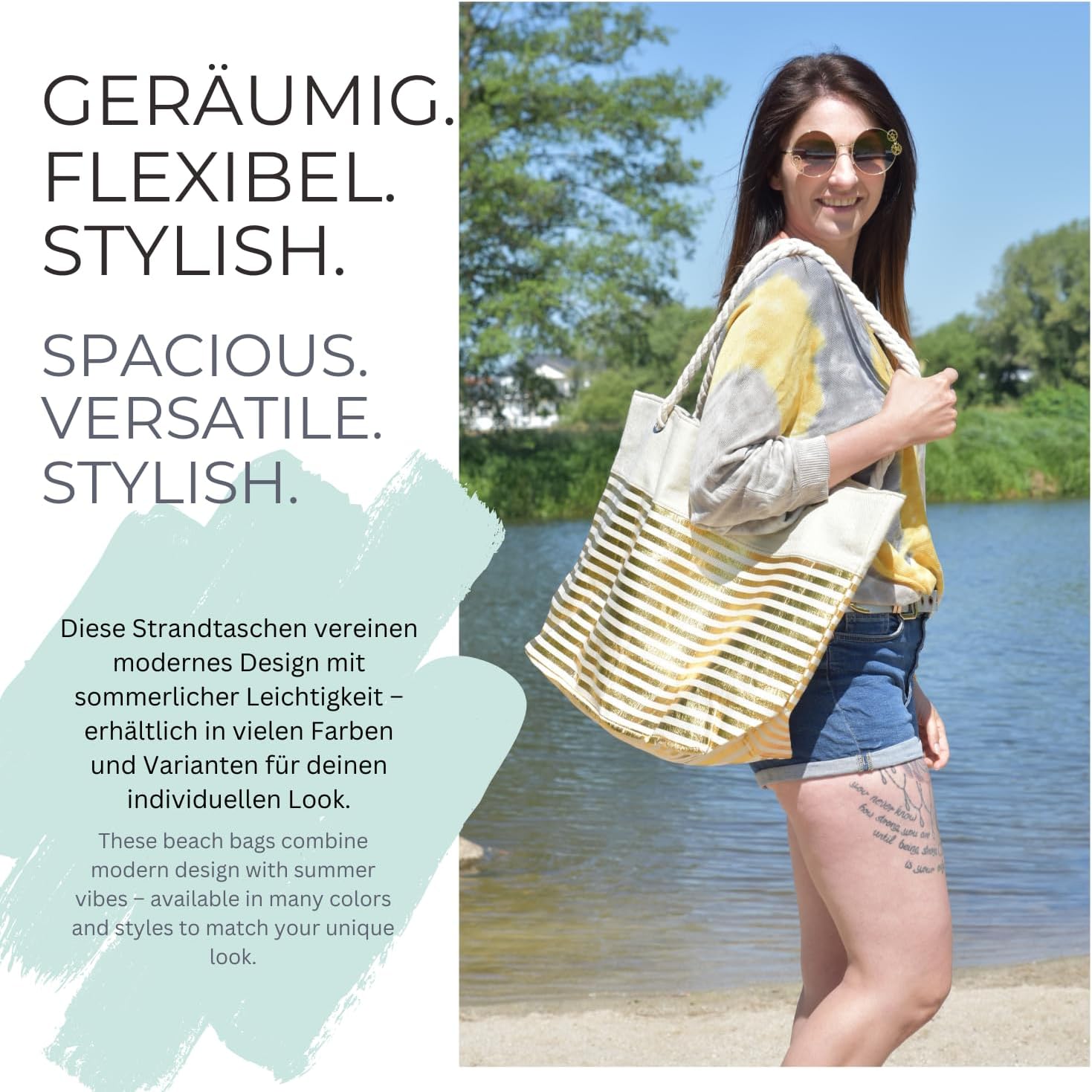 Detalle de styleBREAKER Borsa da spiaggia XXL con stampa a righe metalliche e cerniera – Beige-Oro