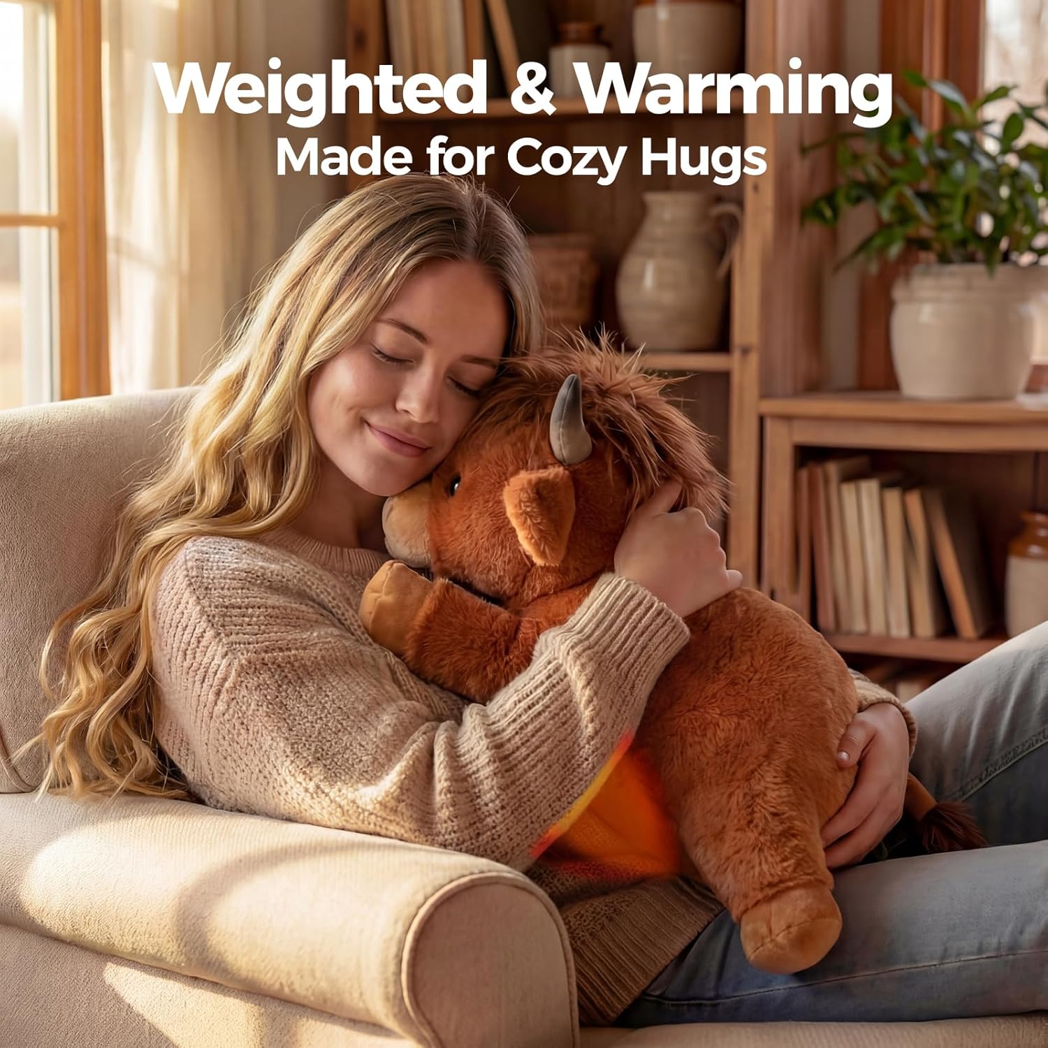 Detalle 2 de Mewaii Highland Cow Weighted Stuffed Animal with Microwavable Heating Pad (Amber Brown, 23 Inch)