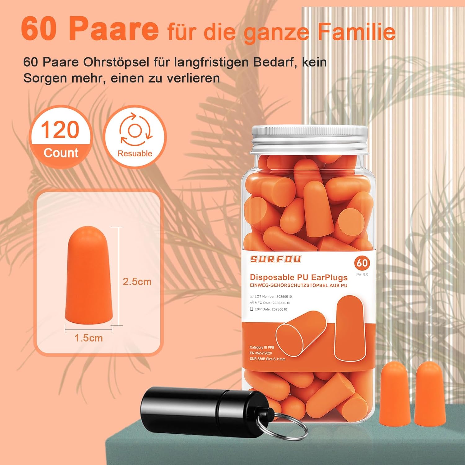 Detalle 2 de SURFOU Ohrstöpsel zum Schlafen (60 Paare) mit Geräuschreduzierung bis 38 dB, wiederverwendbar & für Seitenschläfer, Orange