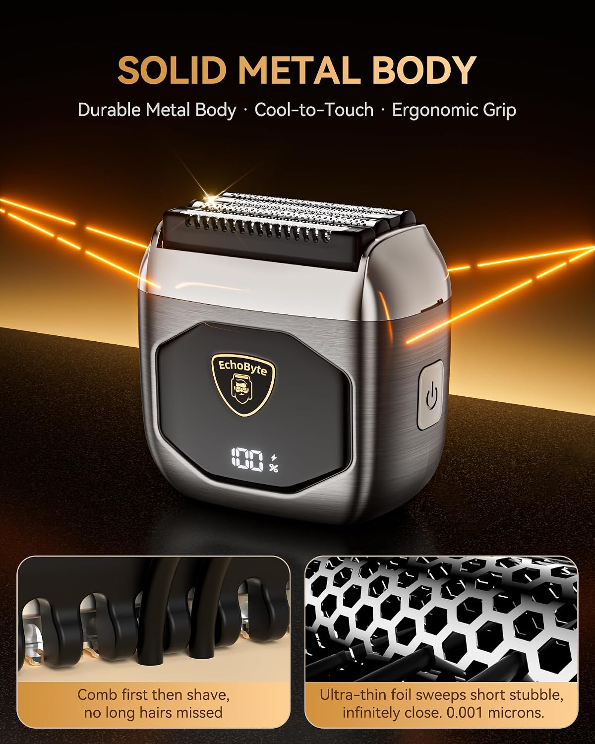 Thumbnail 1 de EchoByte Full Metal Electric Foil Shaver for Men: 4 Floating Blades, IPX7, 120-Min Runtime, USB-C