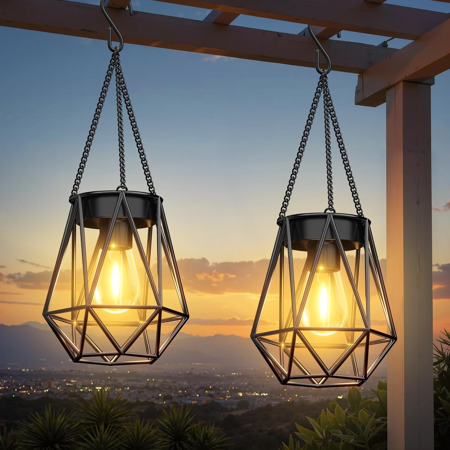 Detalle de RECHOO Garten Solarlampen für Außen – 2 Stück, Hängende Metalllaternen mit LED-Glühbirne, IP65