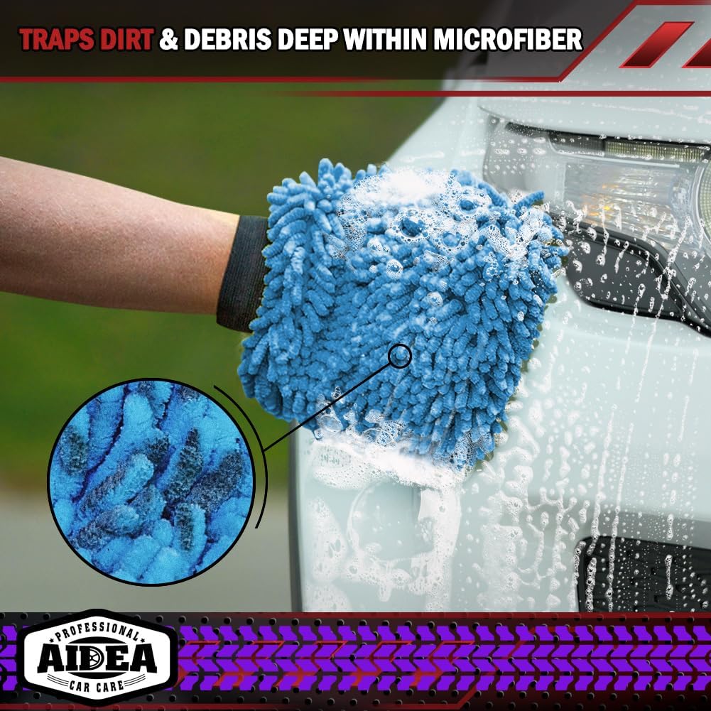 Detalle de AIDEA Car Wash Mitt Microfiber 2PK — Extra Large, Scratch-Free Double-Sided Chenille Mitt (Blue) for Cars, Boats & More