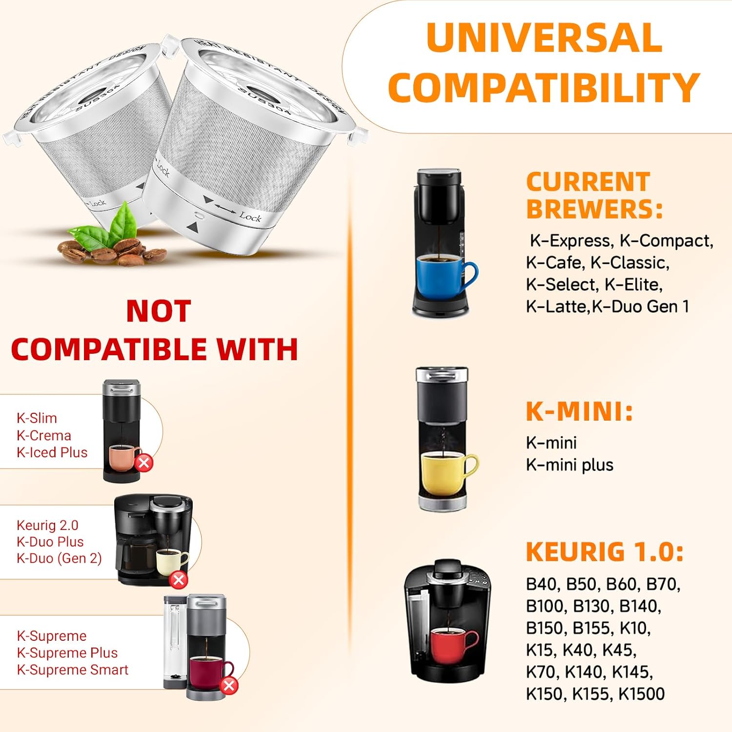 Detalle de 2 Pack Reusable K Cups for Keurig – All Stainless Steel, 1 Prong Machines (No Seal Gasket) with Filling Funnel & Cleaning Brush