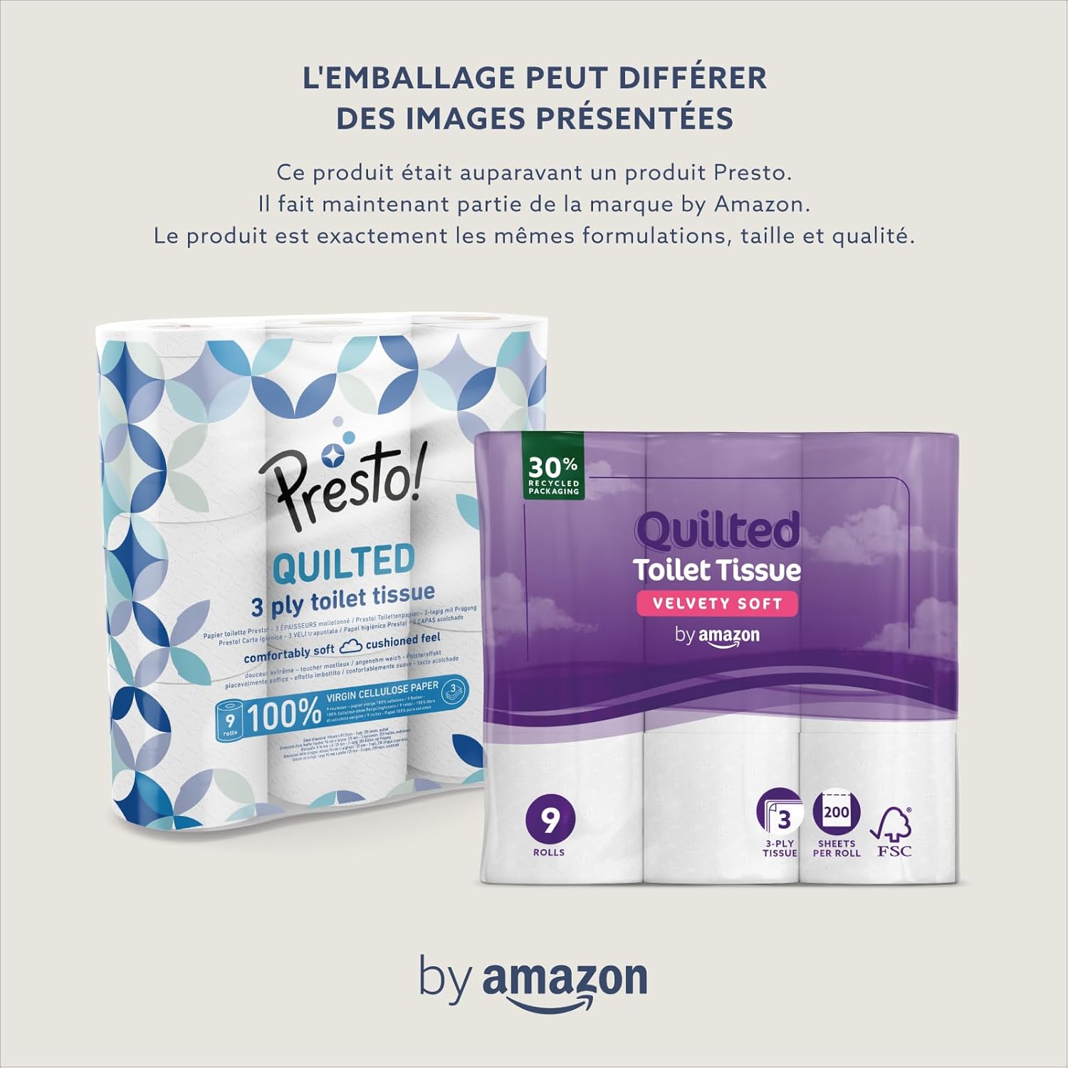 Detalle de By Amazon Papier Toilette 3 Épaisseurs Matelassé — 36 Rouleaux (4 paquets de 9), FSC