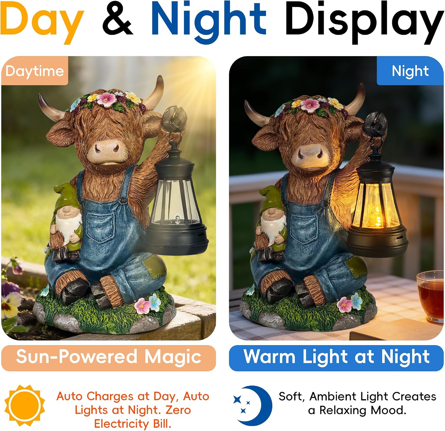Thumbnail 1 de Highland Cow Garden Ornaments Outdoor – Solar Gnome Statue for Yard, Patio and Lawn