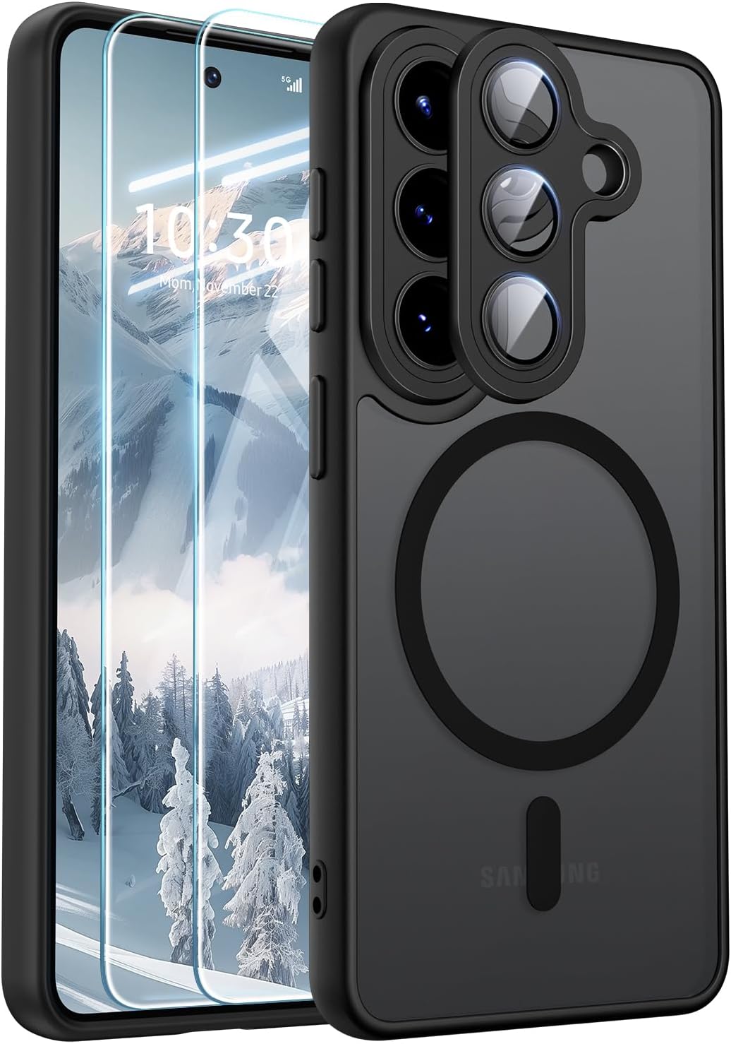 Detalle de JAME Magnetic Case for Samsung Galaxy S26+ Plus — Slim, Matte Translucent Black with Glass Lens Protector