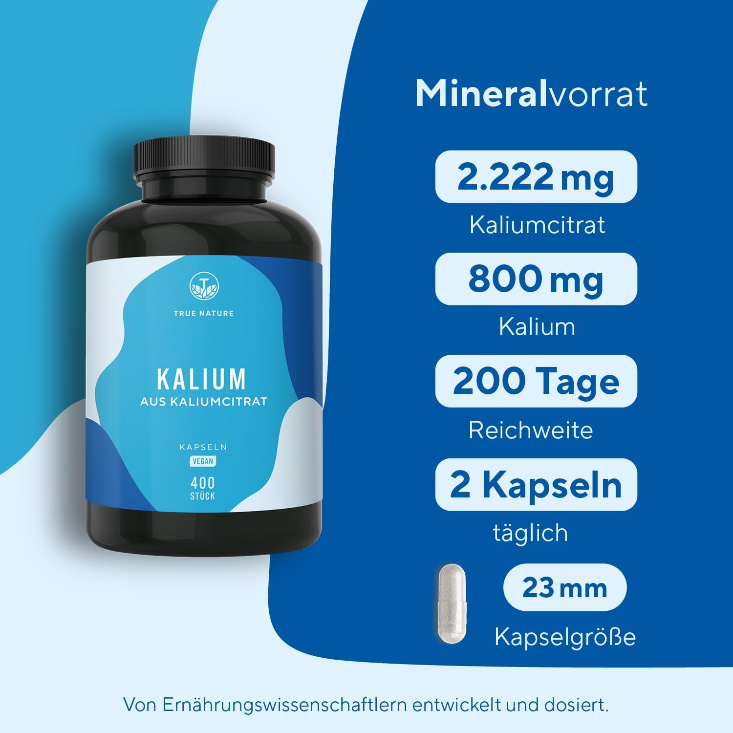 Detalle de Kalium Potassium – 400 Kapseln, Kaliumcitrat mit 800 mg elementarem Kalium – vegan, ohne Zusätze