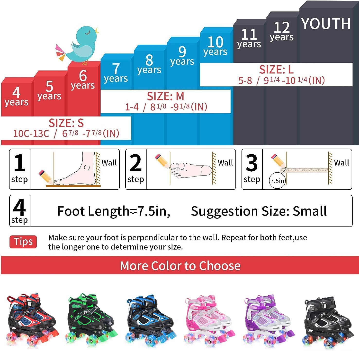 Detalle de Nattork Kids Adjustable Quad Roller Skates with Light-Up Wheels