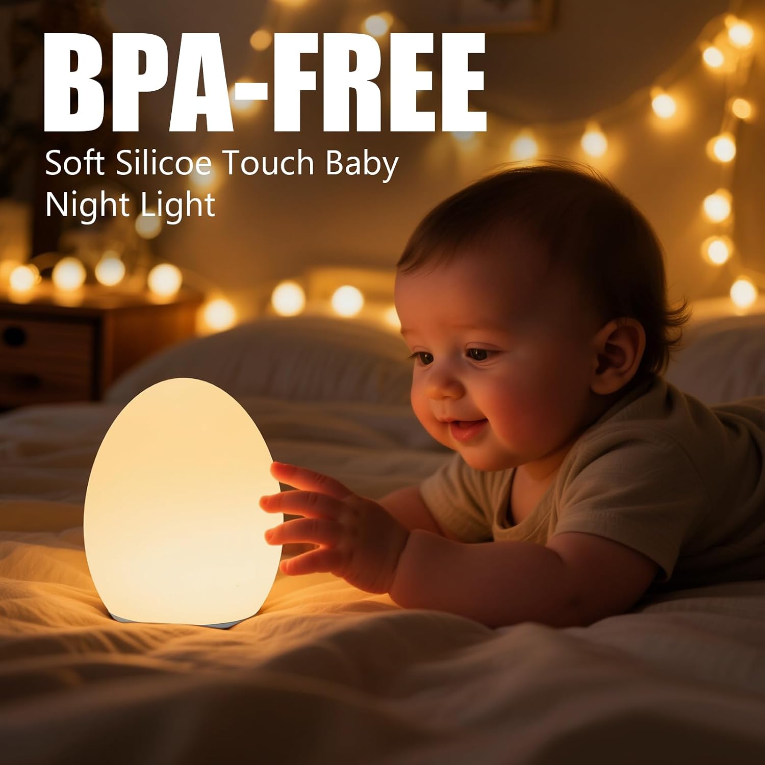Detalle de Harmobub Silicone Egg Night Light, 11 Colors, Touch Control, USB-C Charging