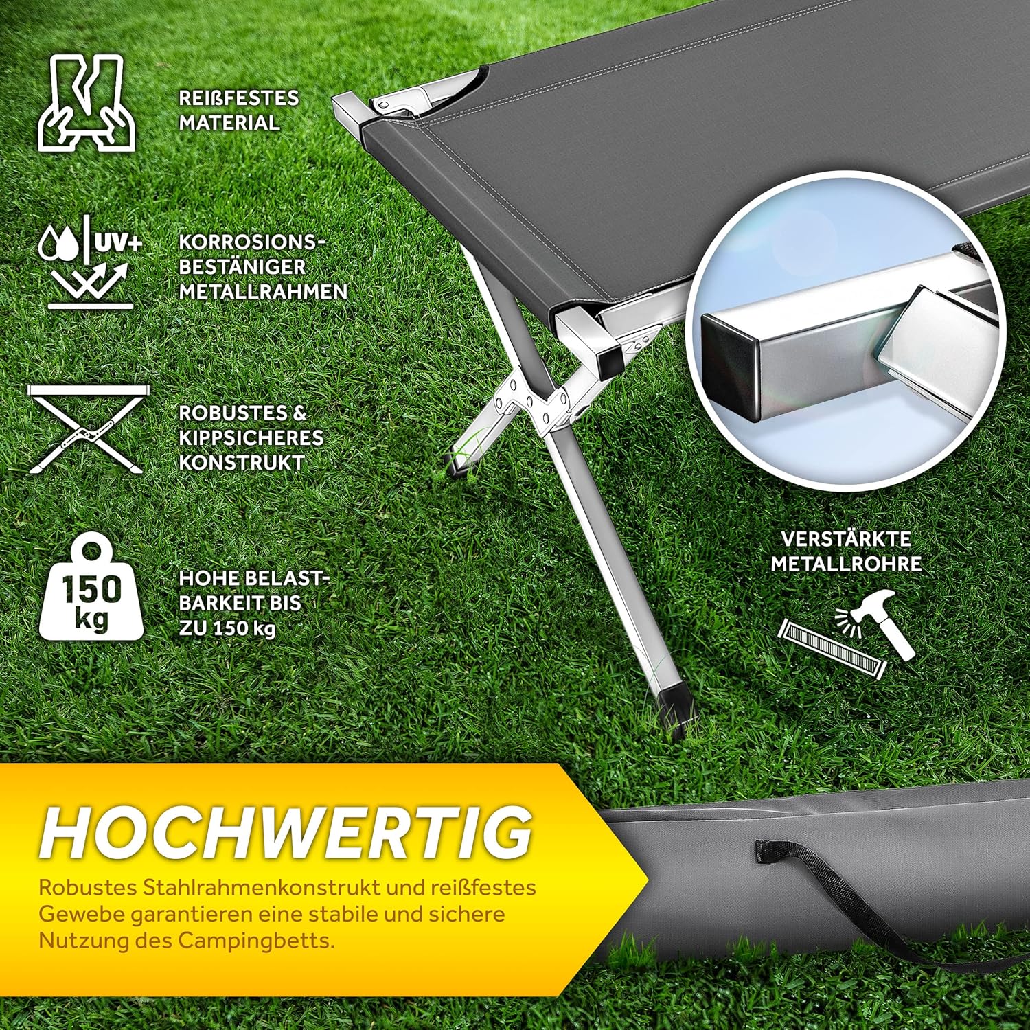 Detalle de TRESKO XXL Lit de Camp Pliant pour Le Camping – 210 x 90 x 42 cm, tubes métalliques, charge 150 kg, gris
