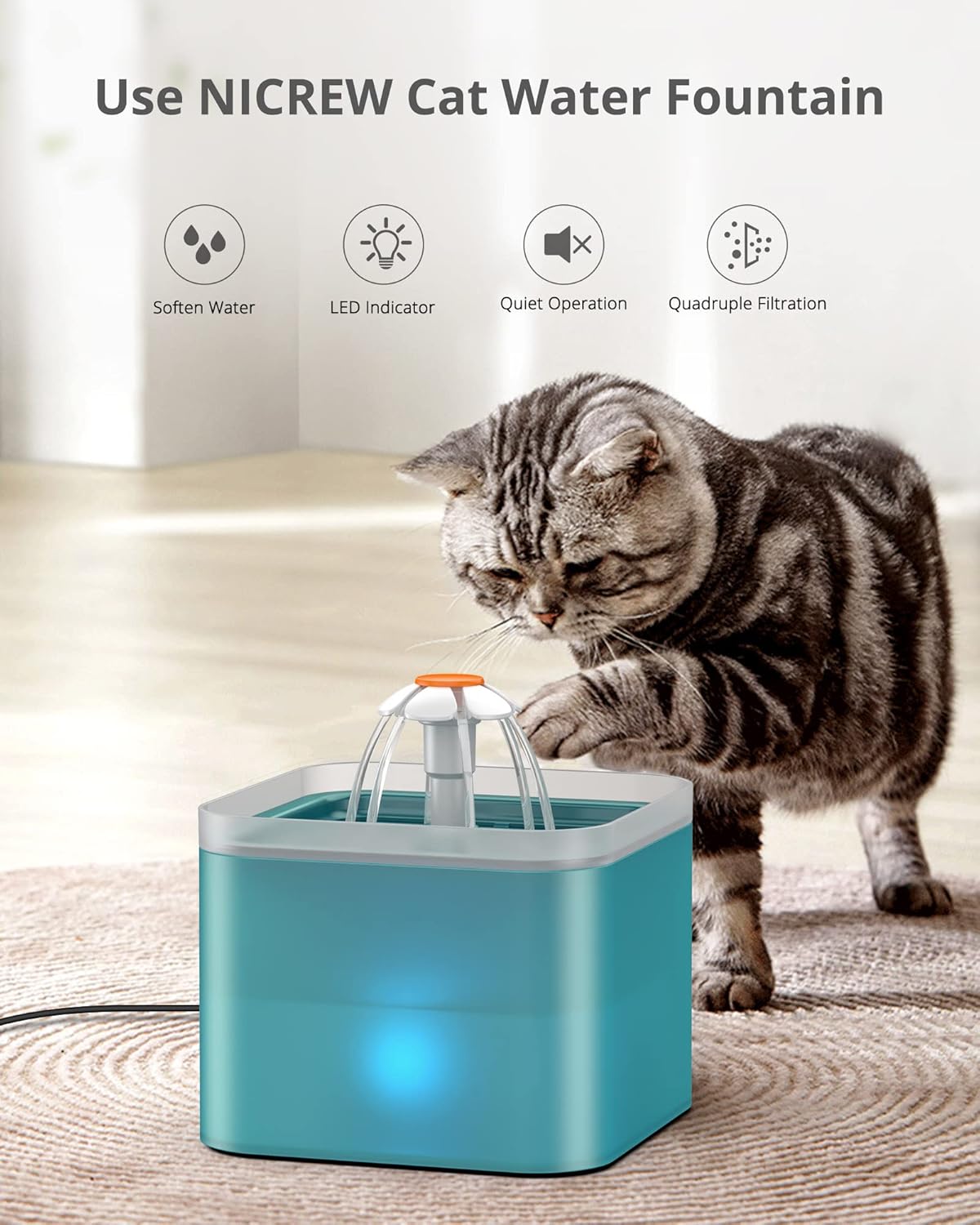 Thumbnail 1 de NICREW 2L Cat Water Fountain with LED, Filter and Quiet Pump (USB, UK Plug) – Green