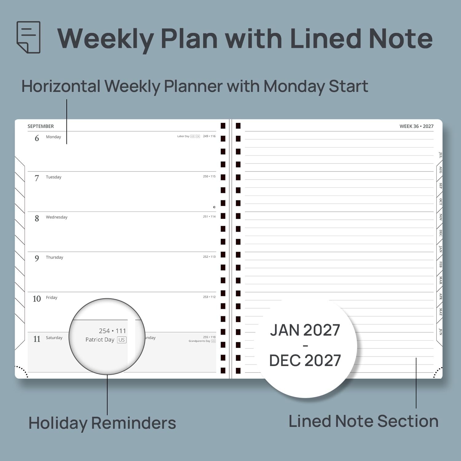 Detalle de POPRUN 2027-WENLK7-BK Planner, 8.5" x 10.5", Weekly & Monthly, 100 GSM Paper