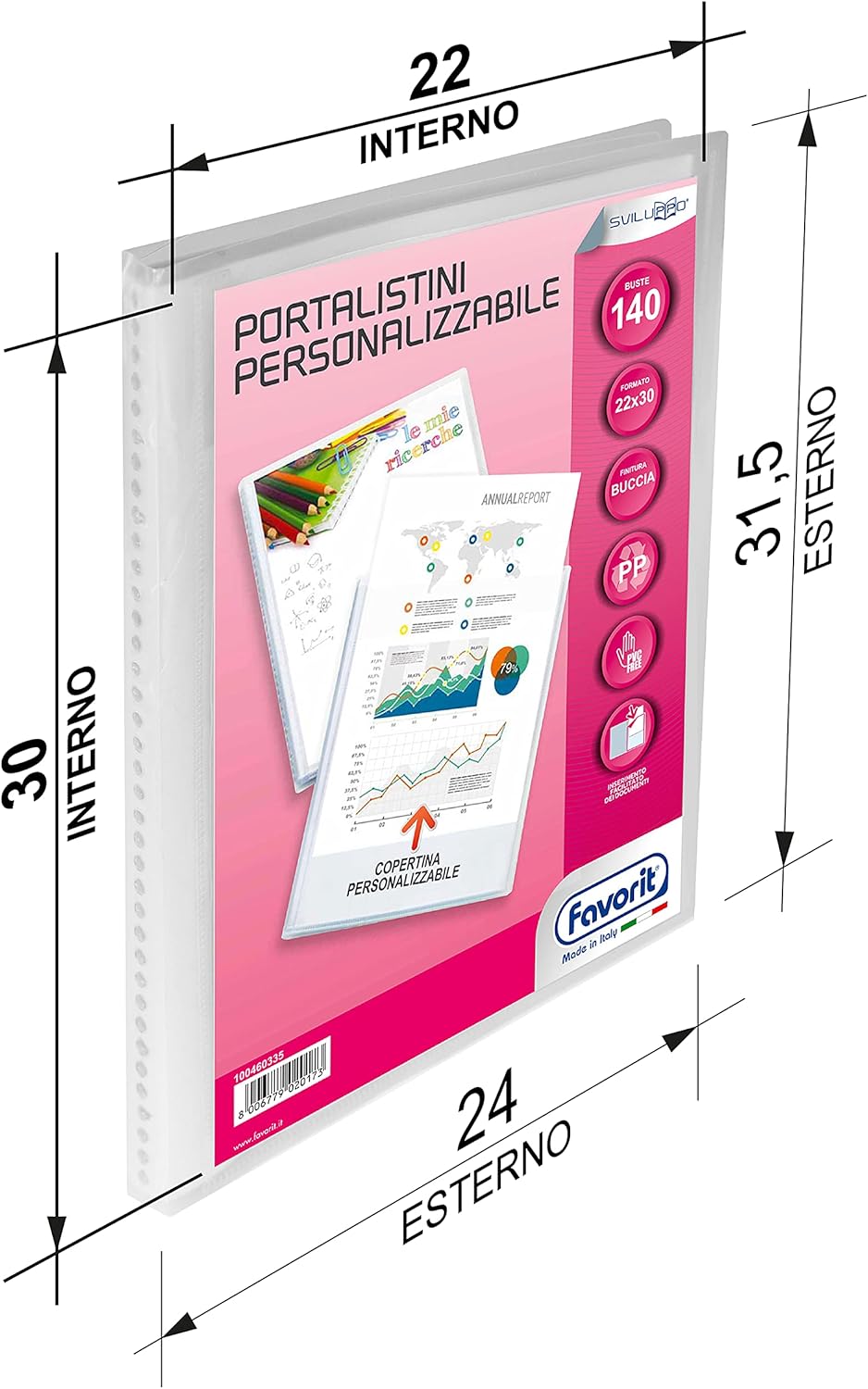 Thumbnail 3 de Favorit Portalistino con Buste Fisse e Tasca Frontale Personalizzabile – Fogli 140 trasparenti 22x30 cm A4