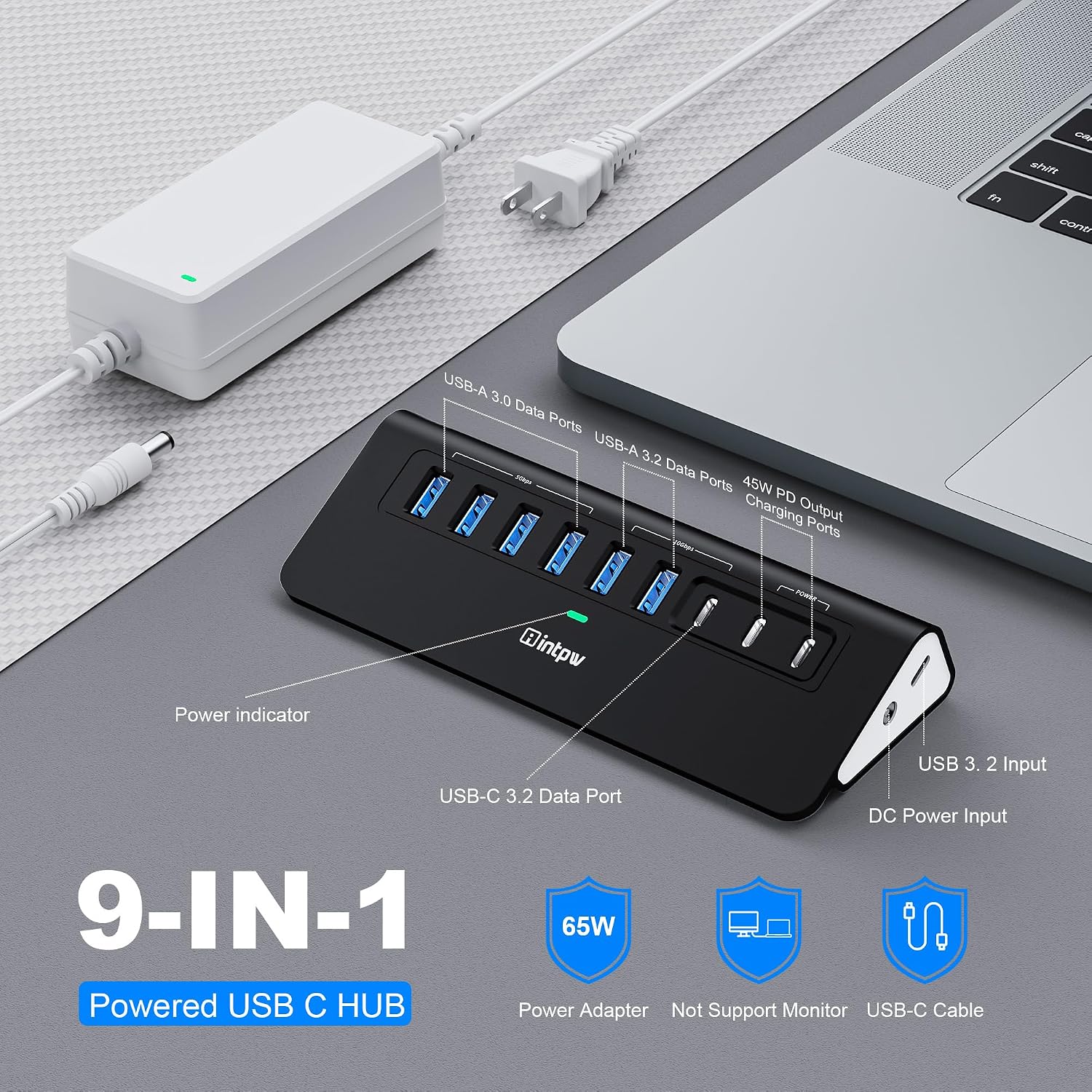 Detalle 2 de intpw 9-Port Powered USB Hub with 10Gbps USB 3.2 and 45W PD