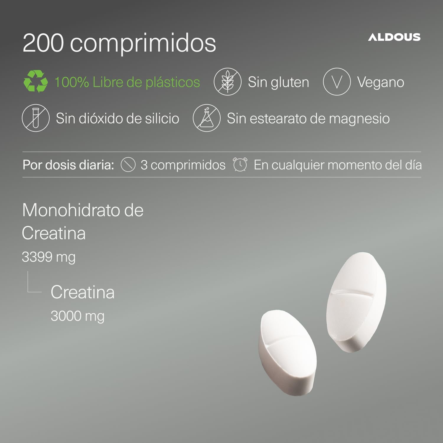 Detalle de Creatina Monohidratada 3000 mg - Aldous Bio, 200 comprimidos