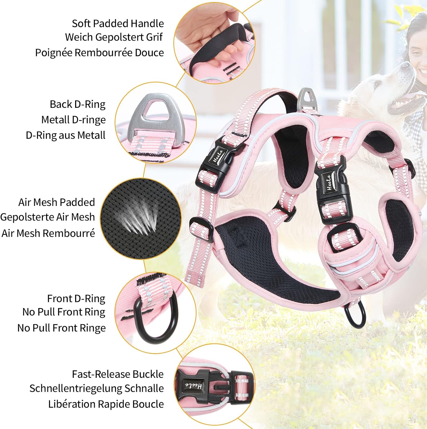 Detalle de HEELE No Pull Dog Harness - Medium (Light Pink) with Front & Back Leash Attachments