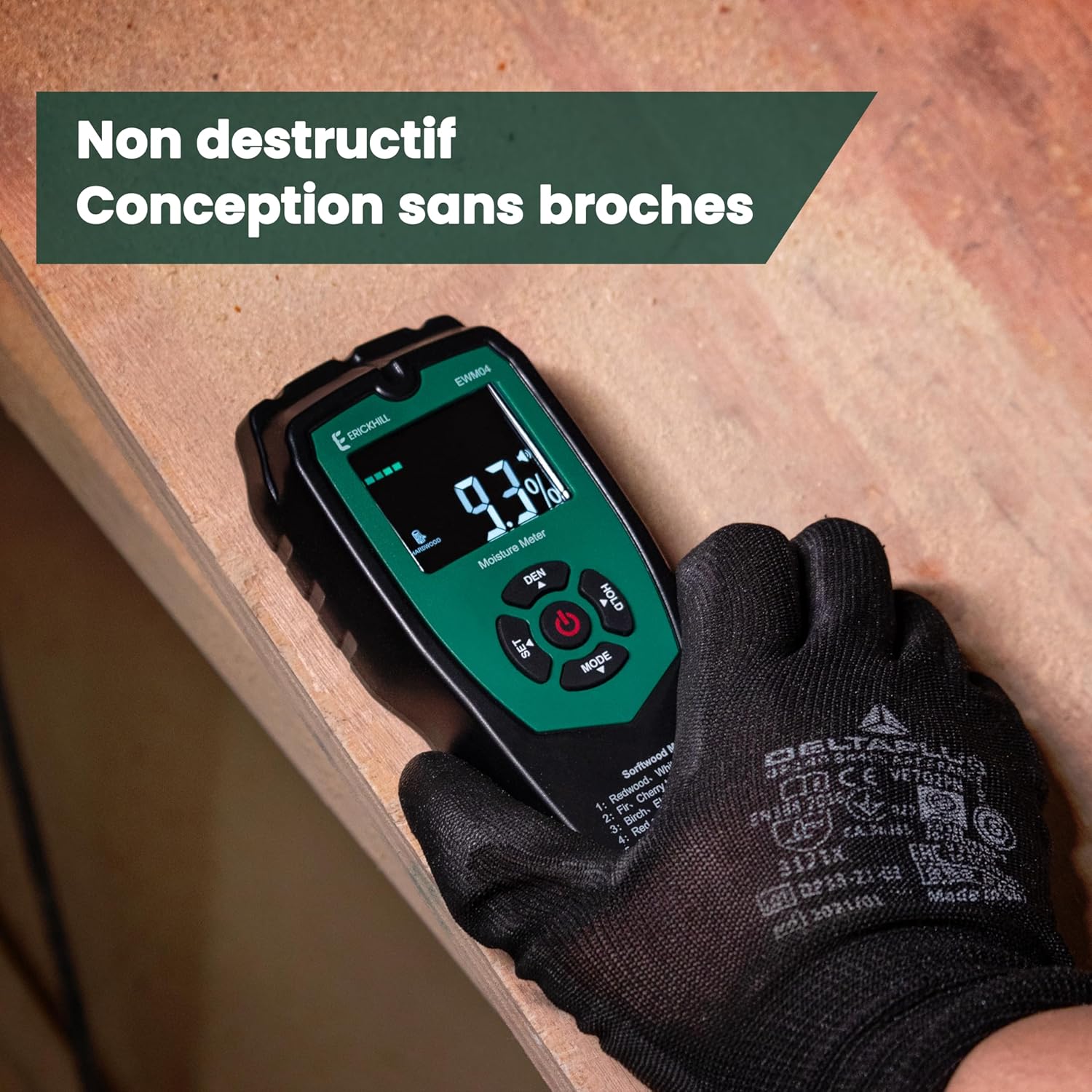 Thumbnail 1 de ERICKHILL Humidimètre non invasif en bois – 4 modes, écran LCD rétroéclairé, détection humidité pour bois, cloison sèche et maçonnerie