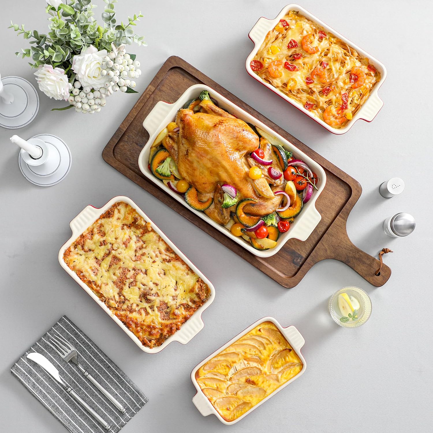 Detalle de MALACASA Bake.Bake 4-teiliges Auflaufform-Set (Rot) – rechteckig, kratzfest, für Lasagne & mehr
