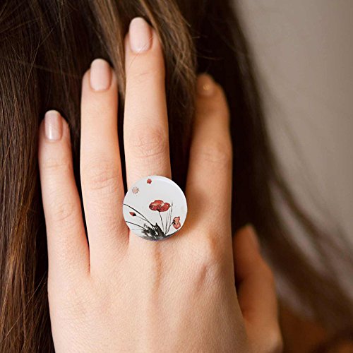 Detalle 2 de Dragon Porter Boho Groß Mandala Design Ring – Einstellbar, Weiß & Rot