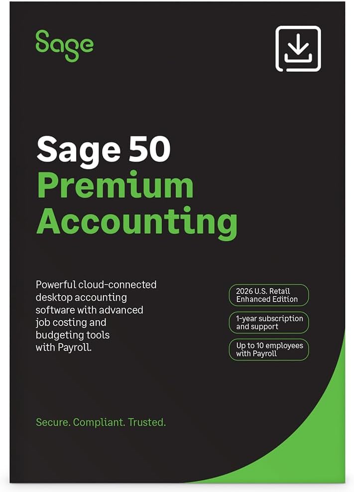 Detalle de Sage 50 Premium Enhanced 2026 U.S. Edition: 1-User, 1-Year Subscription (PC Online Code) by Sage Software