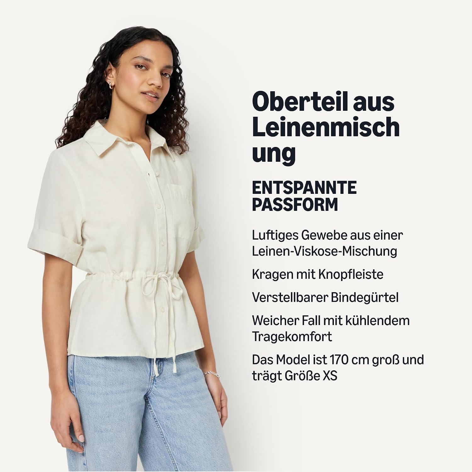 Detalle de Amazon Essentials Damen Leinen-Bluse mit verstellbarer Taille – luftig, elegant und vielseitig