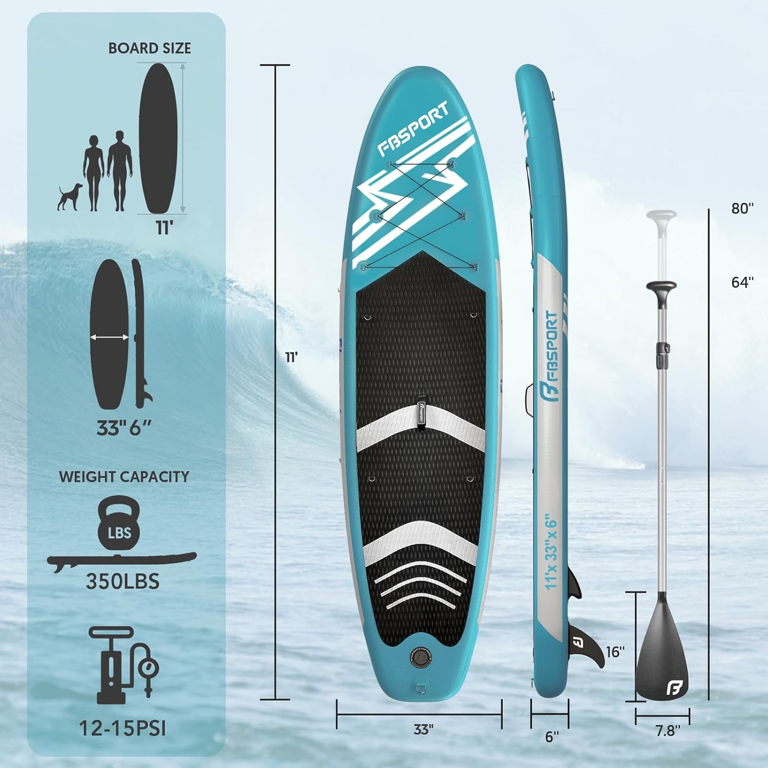 Detalle de FBSPORT Aufblasbares SUP Board – Stand Up Paddling Board mit verstellbarem Aluminium-Paddel, Pumpe und Komplettset