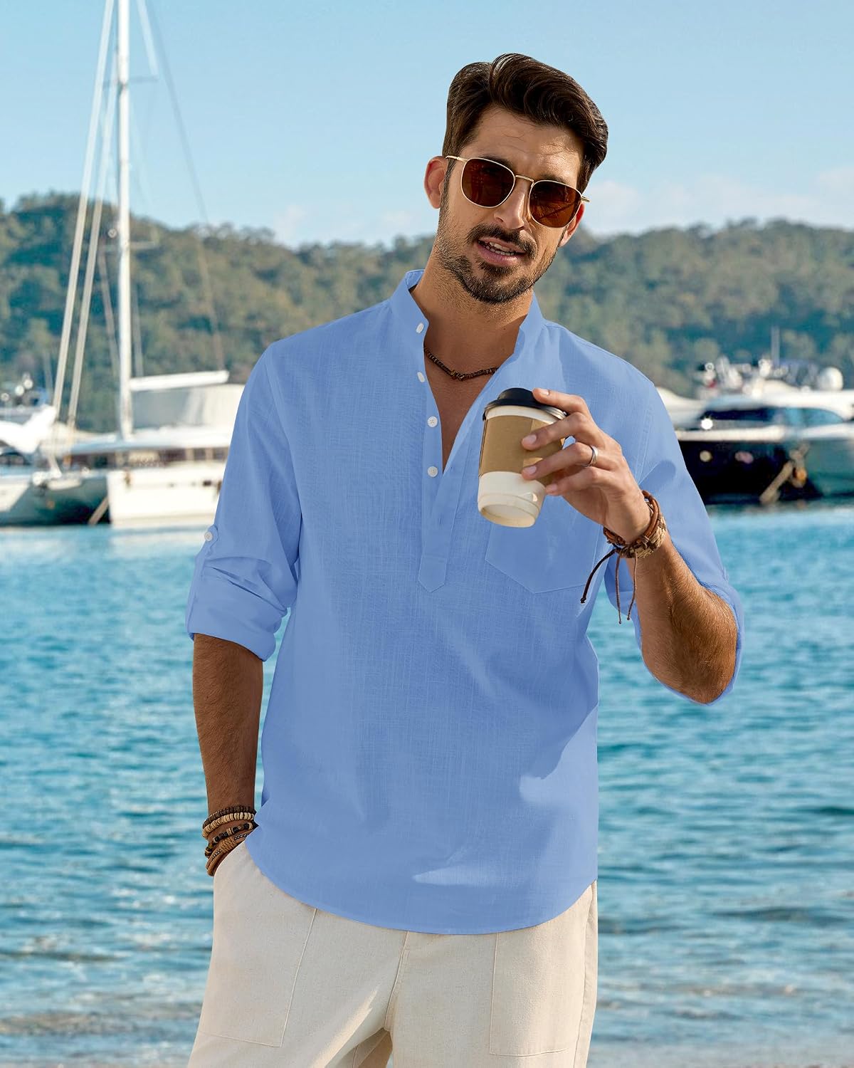 Detalle de J.VER Hemd Herren Baumwolle Leinenhemd Henley Langarm – Regular Fit, atmungsaktiv, mit Brusttasche