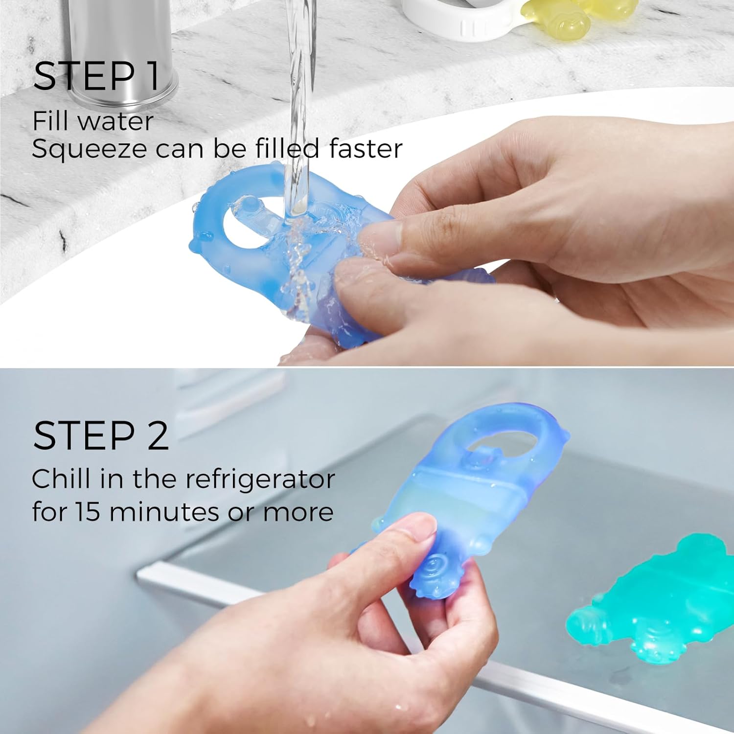 Thumbnail 2 de Momcozy Baby Teether Toys (Food-Grade Silicone) — Yellow and Blue, Water-Fillable Chilling Teething Relief