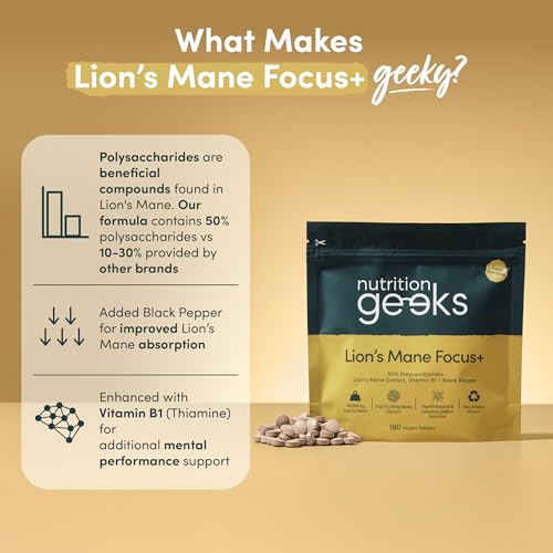Detalle de Nutrition Geeks Lion's Mane Focus+ 4000mg with Vitamin B1 & Black Pepper — 180 Vegan Tablets (15:1 Extract) UK Made