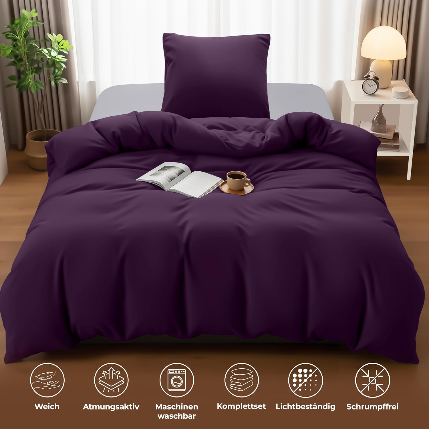 Detalle de Utopia Bedding Bettwäsche-Set 135x200 cm (Mikrofaser) – Lila mit Bettbezug + Kissenbezug