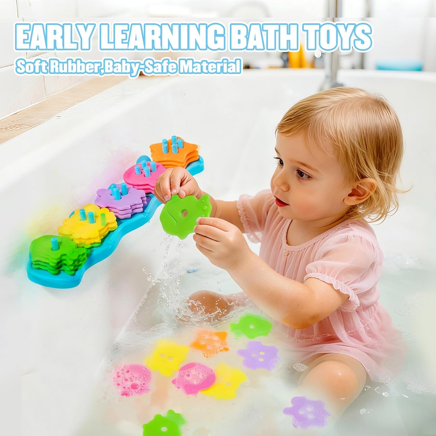 Detalle de Baby Bath Toys: 20-Piece Mould-Free Sorting & Stacking Set for 1–4 Year Olds