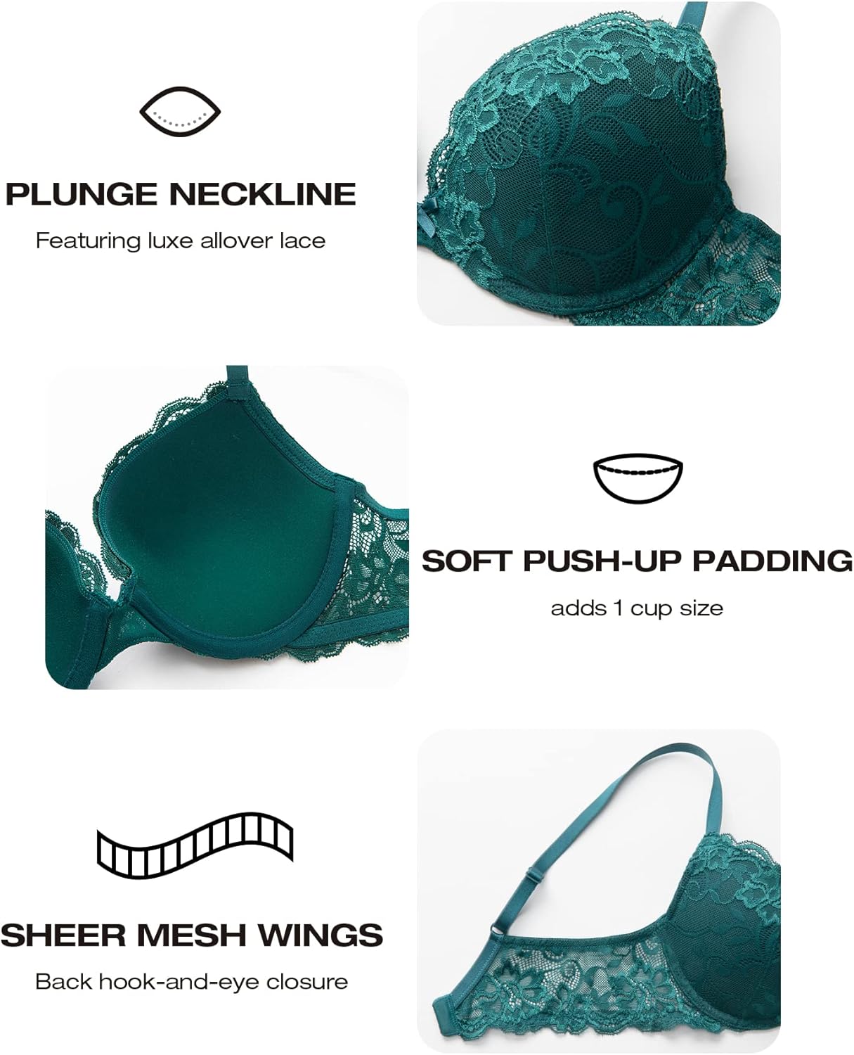 Thumbnail 6 de Deyllo Women’s Push Up Lace Bra Comfort Padded Underwire Bra Lift Up Add One Cup